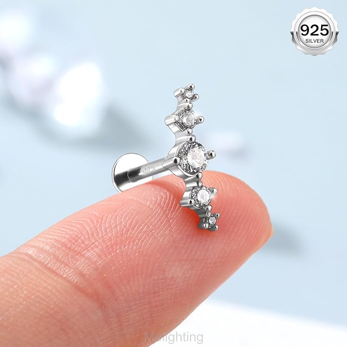 Melighting 16G Curved Helix Earring, Sterling Silver 925 Tragus Conch Stud Internally Threaded, Clear Marquise Round CZ Flat Back Lobe Labret Cartilage Piercing Jewelry for Women 6/8 mm
