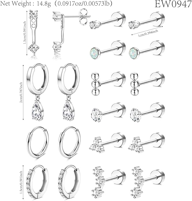 Stainless Steel Stud Earrings Set for Women Hypoallergenic Flat Back Cartilage Earrings Screw Back Huggie Hoop Earrings Multiple Piercing Cubic Zirconia Helix Tragus Jewelry