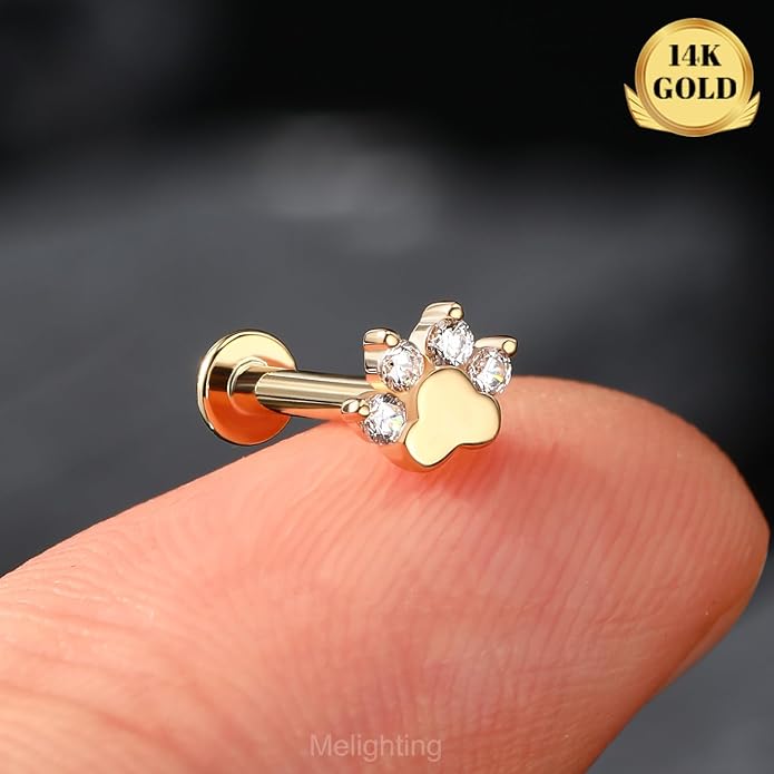Melighting 14K Solid Gold Paw Dog Cartilage Earring Internally Threaded 16G Helix Piercing Jewelry Clear CZ Helix Earring for Women 8mm Flat Back Stud Earring