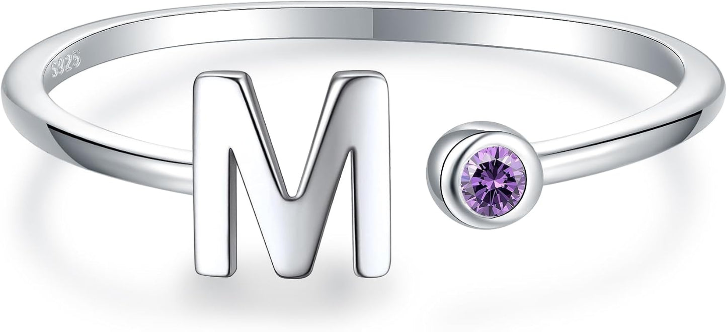 925 Sterling Silver Initial Letter Birthstone Rings for Women Adjustable 1-12 Month Birthstone Alphabet Stacking Ring for Teens Girls Stackable Birthstone Rings Birthday Jewelry Gift for Daughter Mom