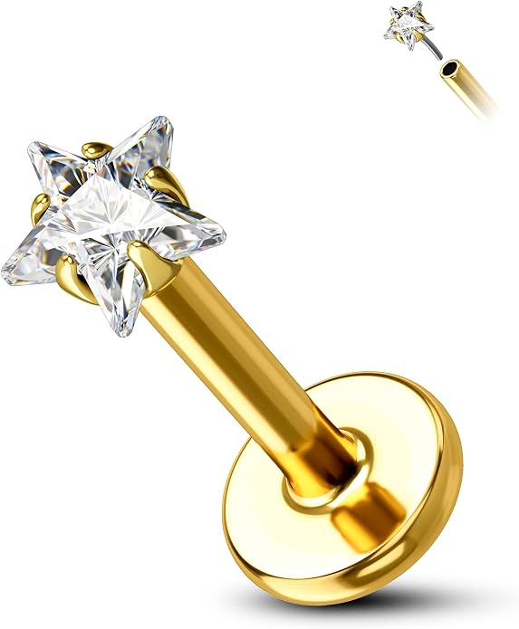 Cocharm 14K Gold Cartilage Earring Stud Yellow Gold Flat Back Helix Stud Push in Tragus Earring