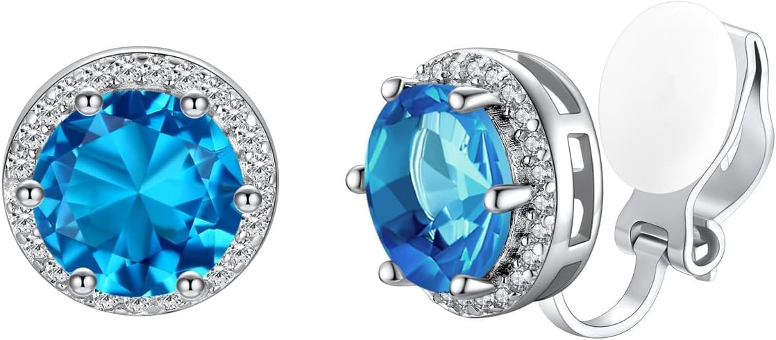 Silvora 925 Silver 8MM Cubic Zirconia Birthstone Clip On Stud Earrings Round Non Pierced Earrings For Women,Come with Box