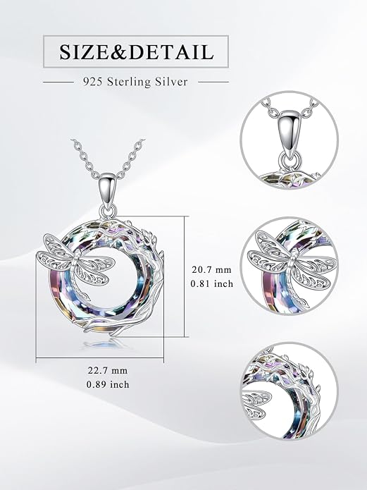 Dragonfly Necklace 925 Sterling Silver Dragonfly/Sunflower Bee Pendant Necklace Dragonfly with Blue Circle Crystal Dragonfly Jewelry Gifts as Holiday Christmas Gifts for Women