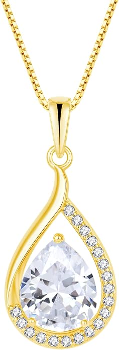 Teardrop Birthstone Necklace for Women 925 Sterling Silver White/Yellow Gold Plated Cubic Zirconia Pendant Necklace Jewelry for Her