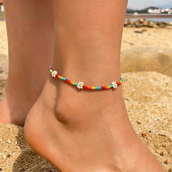 Beaded Chain Ankle Bracelets for Women Waterproof Sunflower Anklets Beachy Vacation Foot Jewelry Gifts