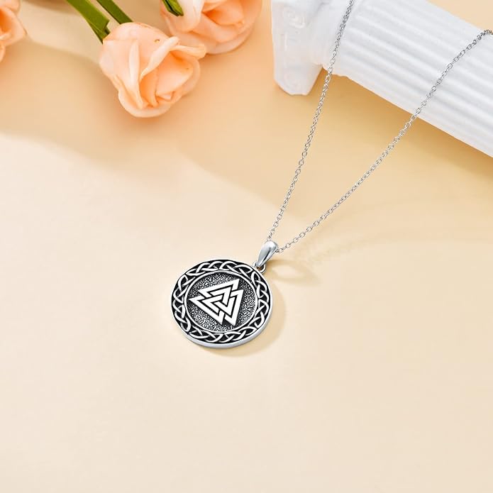 Valknut Viking Necklace 925 Sterling Silver Odin Knot Pendant Necklace Celtic Nordic Pagan Jewelry Gifts for Men Women 18+2"