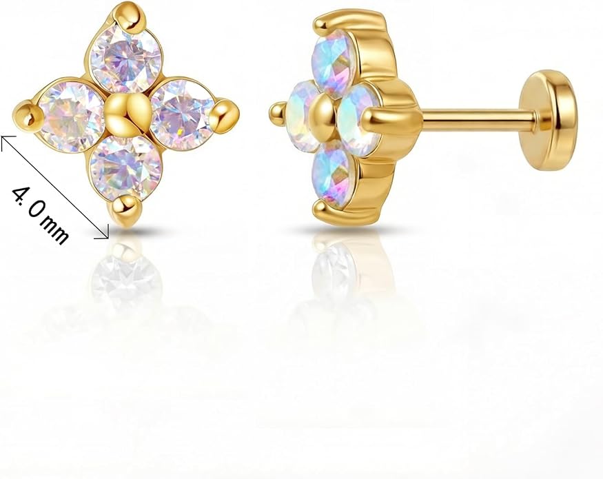 FANSING Short Threadless Cartilage Earring Stackable CZ Birthstone Flat Back Earrings for Women Small Stud Earrings for Tragus Helix Earlobe 18K Gold Plated ‌Rainbow 5.0mm