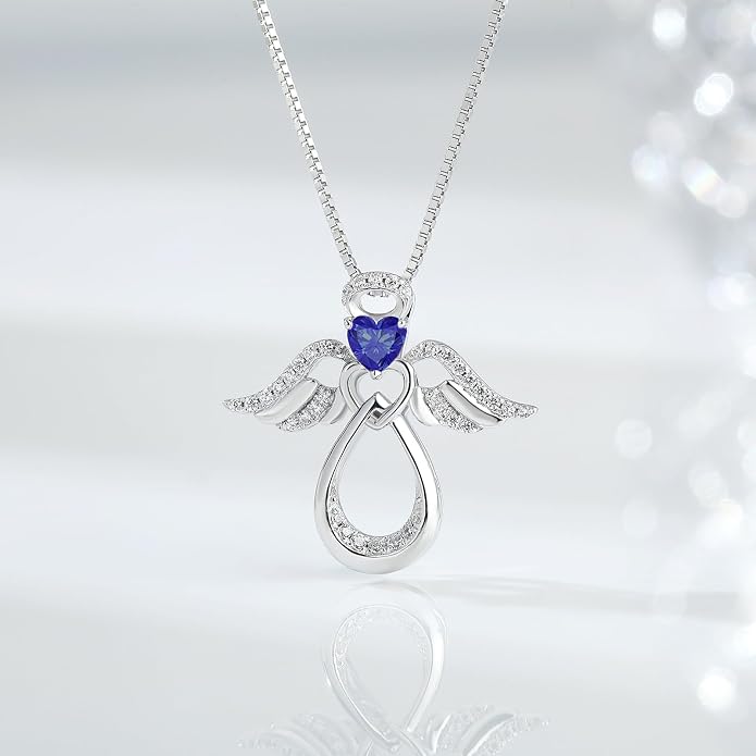 925 Sterling Silver Guardian Angel Pendant Necklace for Women with Birthstone Cubic Zirconia Little Angel Pendant Necklace Jewelry 18 inch Chain
