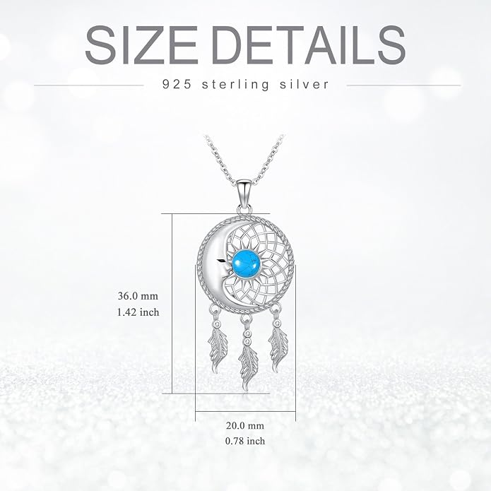 Dream Catcher Moonstone/Turquoise Necklace 925 Sterling Silver Moon Necklace Dream Catcher Pendant Necklace Dream Catcher Jewelry Moonstone/Turquoise Jewelry Sun Necklace Gifts for Women