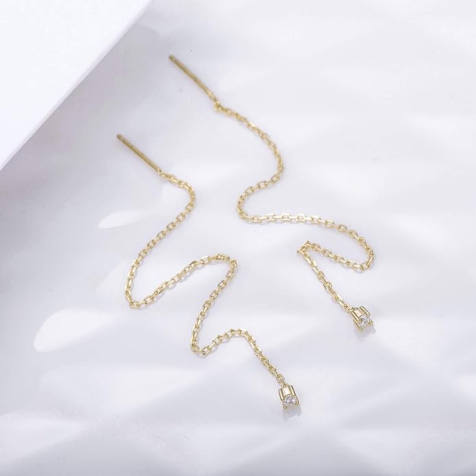 S.Leaf Gold Chain Threader Earrings for Women Trendy 925 Sterling Silver Hypoallergenic Cubic Zirconia Backless Ardant Chain Duster Threader Double Piercing Pull Through Earrings for Women Girls Birthday Gifts