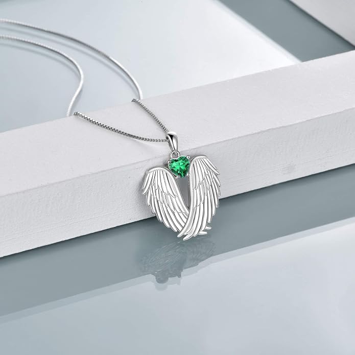 YFN Angel Wings Necklace 925 Sterling Silver Guardian Angel Wings Pendant Necklace Birthstone Necklace for Women Girls Christmas Jewelry Gifts