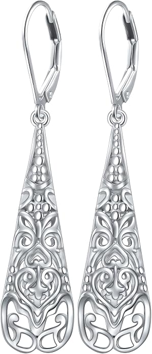 Sterling Silver Leverback Dangle Earrings for Women Teardrop Filigree 14K Gold Plated Dangly Earrings Mother’s Day Gift