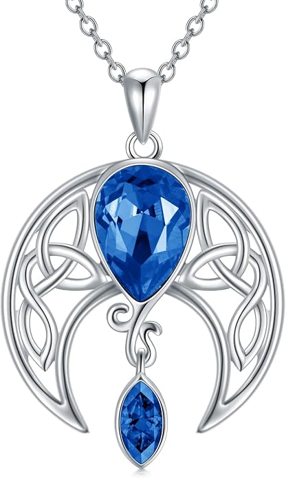 AOBOCO Sterling Silver Celtic Crescent Moon Goddess Pendant Irish Good Luck Necklace with Birthstone Crystal, Celtic Moon Jewelry Gift for Women Mom Wife