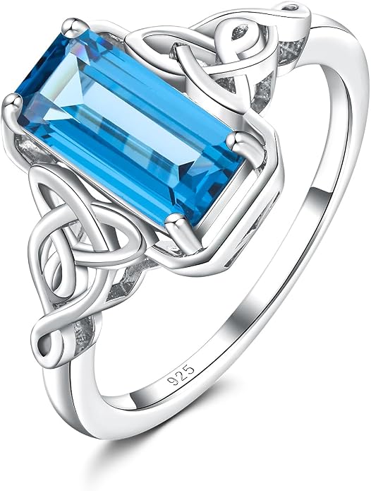 DAYBYDAY Celtic Birthstone Rings for Women, 925 Sterling Silver/18K Gold Plated Emerald Cut Celtic Knot Engagement Wedding Ring, Square Created Gemstone Promise Rings for Her Size 6-10