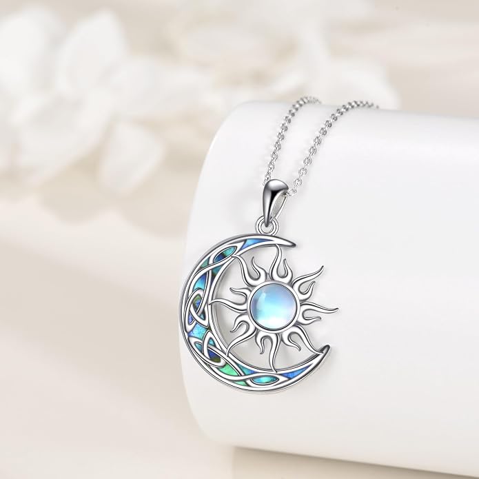 Sun and Moon Necklace for Women 925 Sterling Silver Celtic Crescent Moon Pendant Blue Opal/White Opal/Abelone Shell/Labradorite/Moonstone Jewelry Gift for Teen Girls