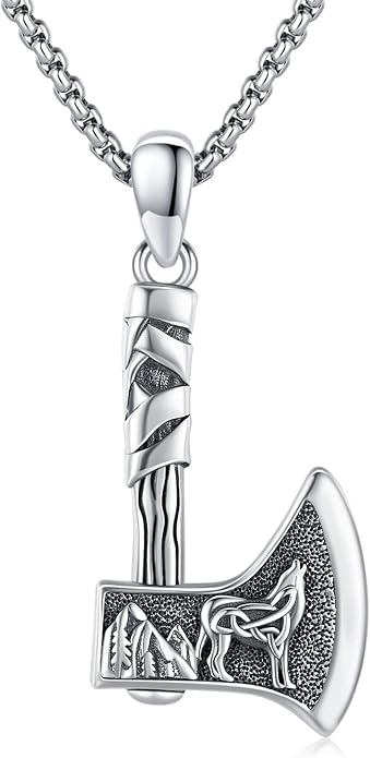 MEDWISE Viking Axe Pendant Necklace Celtic Wolf S925 Sterling Silver Celtic Norse Talisman Viking Rune Viking Jewelry Axe Warrior Hatchet Axe Amulet Necklace for Men Women