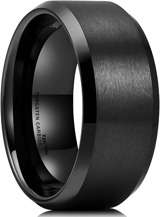 King Will Tungsten Men's Wedding Ring - Available in 6mm to 10mm, Black/Silver, Matte Finish, Beveled Polished Edge, Comfort Fit