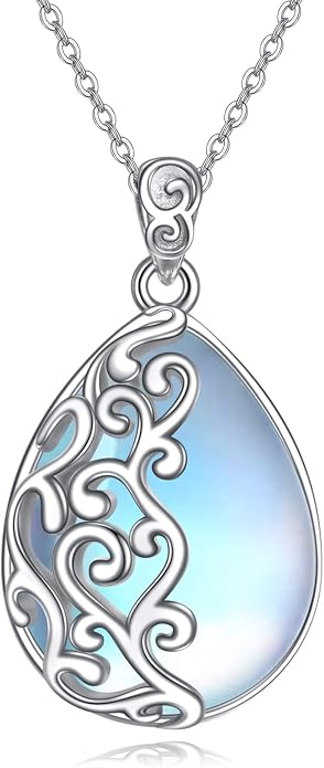 YAFEINI 925 Sterling Silver Moonstone Necklace Filigree Teardrop Pendant Necklace Jewelry for Women Girls