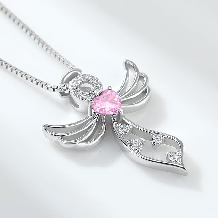 925 Sterling Silver Guardian Angel Pendant Necklace for Women - Birthstone Cubic Zirconia, 18" Chain, Gift for Her
