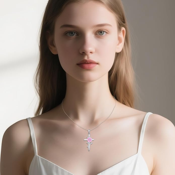 Flower Cross Necklace 925 Sterling Silver Carnation/Rose/Lily/Daisy Cross Necklace Birth Flower Jewelry for Women