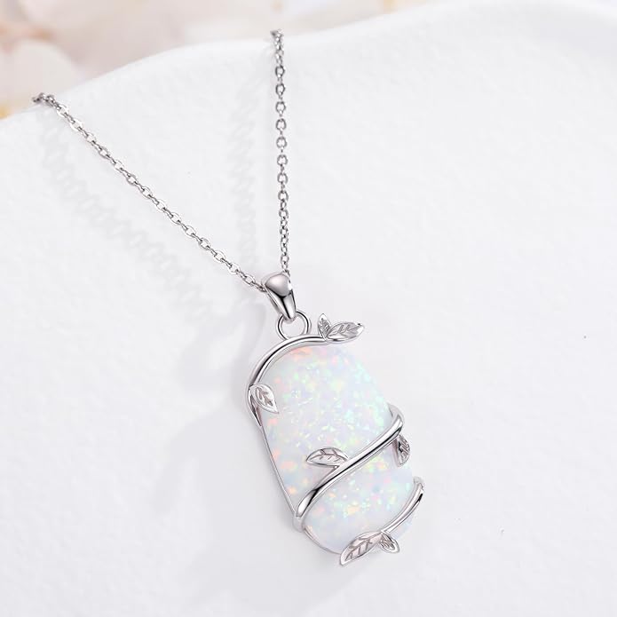 Bar Opal Leaf Necklace For Women S925 Sterling Silver White Opal Pendant with Leaf Charm Bar Pendant Jewelry Gift For Mom Daughter Wife
