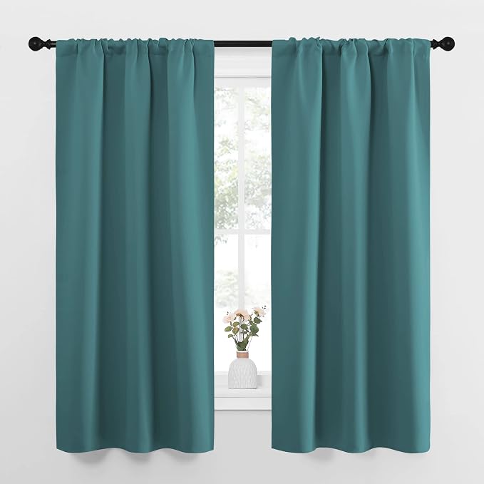 NICETOWN Bedroom Curtains, Three Pass Microfiber Noise Reducing Thermal Insulated Solid Rod Pocket Blackout Window Curtains for Kids Room (Sea Teal, 2 Panels, 34-inch x 63-inch)