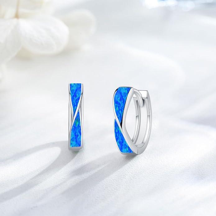 KiiKii Opal Hoop Earrings for Women 925 Sterling Silver 15mm Twisted Huggie Earrings Opal Jewelry Gifts for Birthday Anniversary Christmas