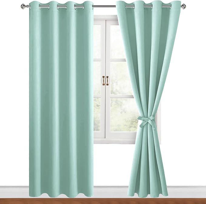 Hiasan Blackout Curtains for Bedroom, 52 x 84 Inches Long - Thermal Insulated & Energy Saving Window Curtains for Living Room, 2 Drape Panels Sewn with Tiebacks, Aqua