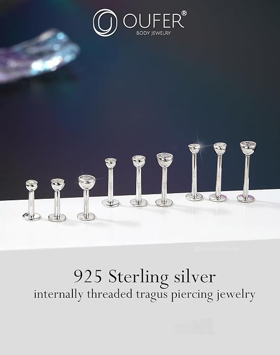 OUFER 925 Sterling Silver Helix Earrings Studs, 16G Flat Back Earrings, Silver Internally Threaded Cartilage Earrings Stud, Clear CZ Lip Rings, Ear Piercing Jewelry for Women Men