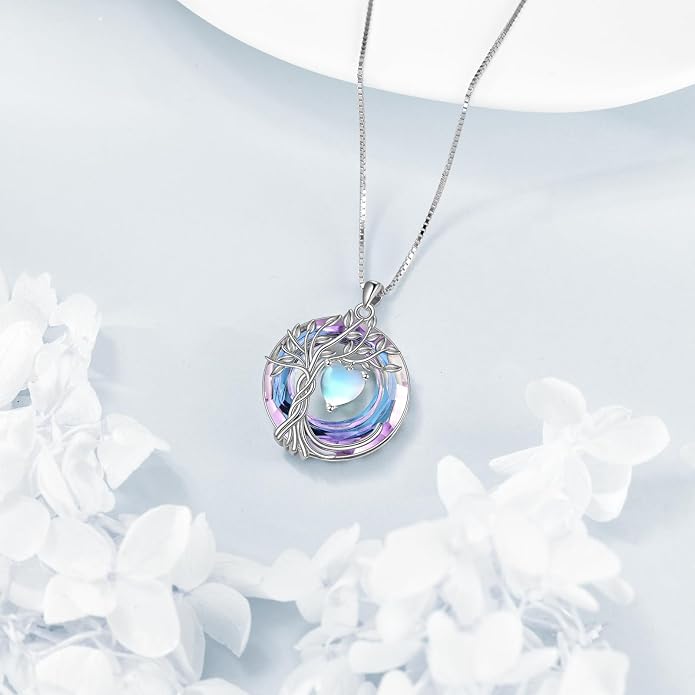 POPLYKE Mothers Day Gifts for Mom Her Wife Tree of Life Necklace 925 Sterling Silver Birthstone Pendant with Crystal Anniversary Birthday Wedding Jewelry for Women