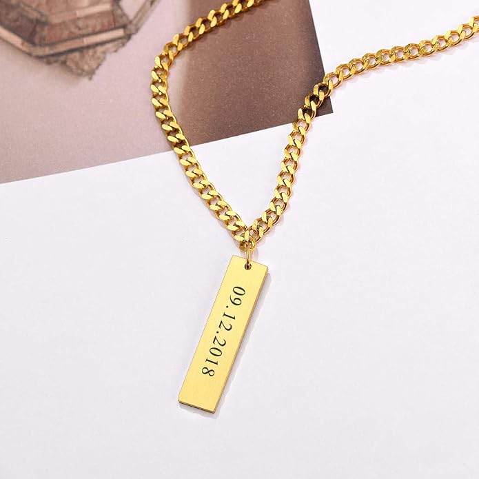 U7 Engravable Bar Necklace, Womens Choker Necklace Stainless Steel Custom Engrave Text Horizontal/Vertical Bar Pendant Necklaces for Men Women