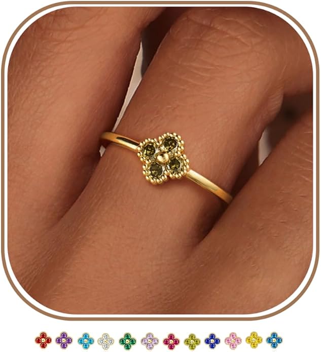 KAERUN Clover Birthstone Gold Rings for Women Non Tarnish 14K Gold Plated Stackable Thumb Ring Dainty Clover CZ Gemstone Emerald Engagement Rings Wedding Band Jewelry for Birthday Gifts Size 6-10