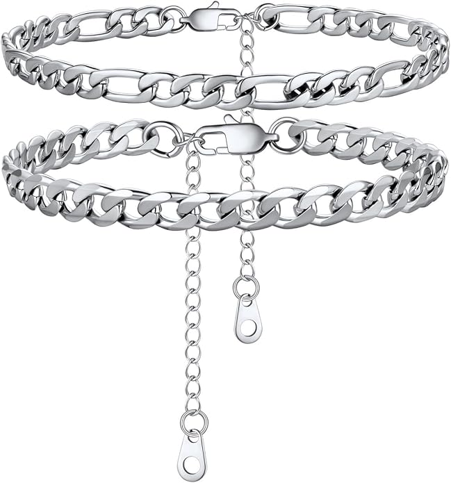 U7 2Pcs/3Pcs Ankle Bracelets for Women, Stainless Steel Cuban Link/Figaro/Rope/Heart Chain Anklets Sets,Waterproof Layered Anklets Adjustable 8.5"-10.5"