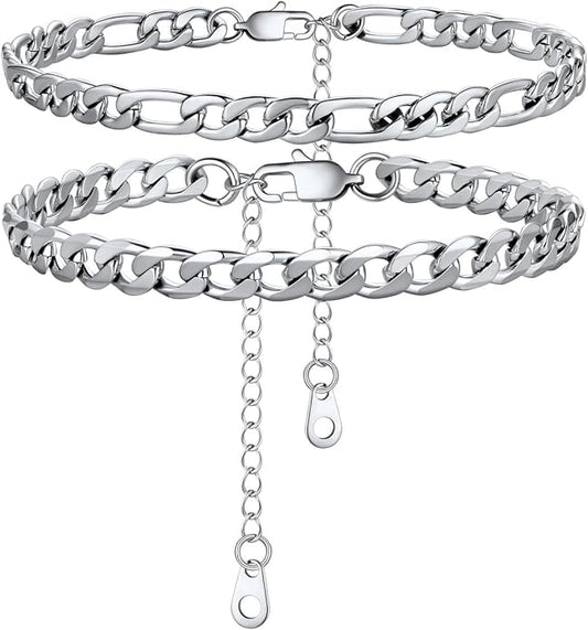 U7 2Pcs/3Pcs Ankle Bracelets for Women, Stainless Steel Cuban Link/Figaro/Rope/Heart Chain Anklets Sets,Waterproof Layered Anklets Adjustable 8.5"-10.5"