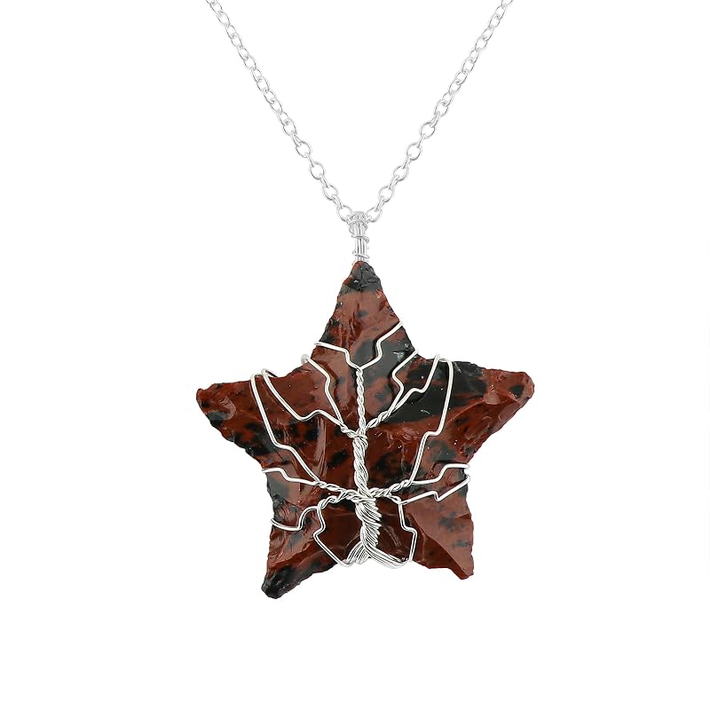 Tree of Life Craft - Raw Mahogany Obsidian Rough Crystals Pendant Necklace, Heart & Star & Arrow Shapes, Wire Wrapping, Women Jewelry with Dainty Silver Plated Chain 18 inch (3pcs)