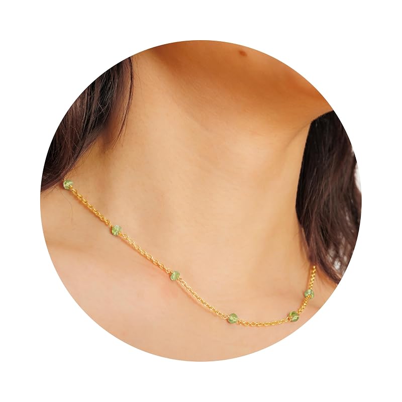 Peridot Necklace for Women, Premium Beaded Gold Necklaces for Women - Tarnish Free 18K Gold Vermeil Certified S925 Classic Statement Necklace Gold Jewelry for Women - Mothers Day Gifts for Mom Wife