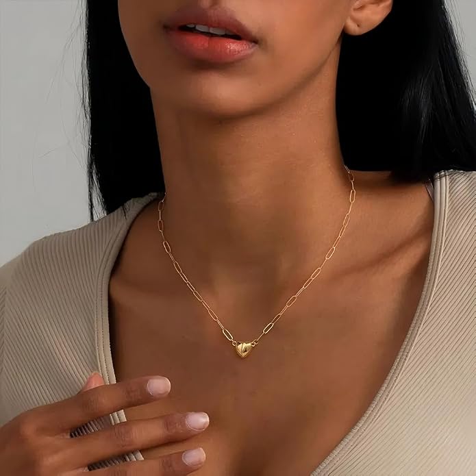 Tewiky Cute Heart Necklace Tiny 14k Gold Heart Pendant Choker Necklaces Small Gold Love Open Heart Chain Necklace for Women Dainty Gold Necklace Gifts for Her