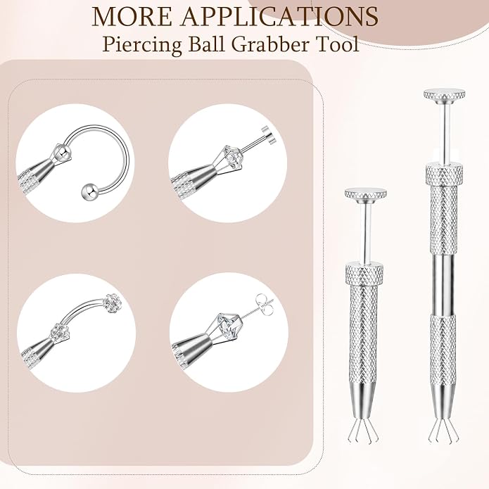 ONESING 2Pcs Piercing Ball Grabber Tool for Changing Jewelry, Stianless Steel Flat Back Earring Applicator Internally Threaded Push Pin Piercing Grabber Tool, Anti Slip 4 Claw Gem Ball Grabber Tool