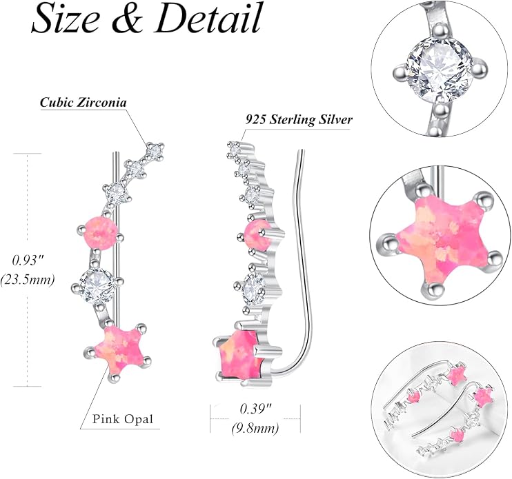 Dreamboat Star Ear Climbers Earrings for Women 925 Sterling Silver Star Ear Cuffs Crawler Earring Cubic Zirconia Climbing Jewelry Wedding Birthday Gifts