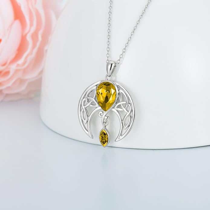 AOBOCO Sterling Silver Celtic Crescent Moon Goddess Pendant Irish Good Luck Necklace with Birthstone Crystal, Celtic Moon Jewelry Gift for Women Mom Wife