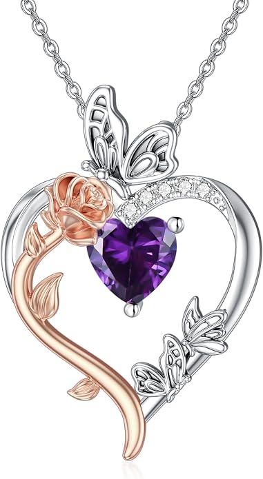 TOUPOP Rose Heart Birthstone Necklace 925 Sterling Silver Heart Butterfly Pendant Love Jewelry Birthday Gifts for Women Wife Mom Her