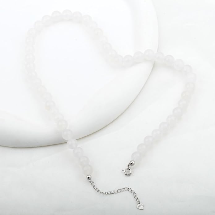 Kakikaki Natural Agate Choker Necklace Sterling Silver Round Beads Strand Necklace for Women