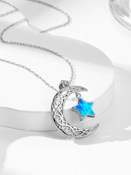 Dreamboat Sterling Silver Moon and Star Necklace Silver Crescent Moon Necklaces for Women Star Pendant Celestial Jewelry Gifts