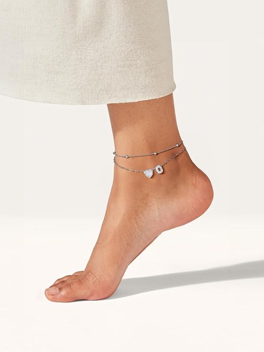 FindChic Silver/14K Gold Plated Layered CZ Initial Ankle Bracelet for Women | Waterproof Stainless Steel, Cubic Zirconia Letter Charm, Non-Tarnish, Hypoallergenic, Adjustable Extender, Summer Jewelry