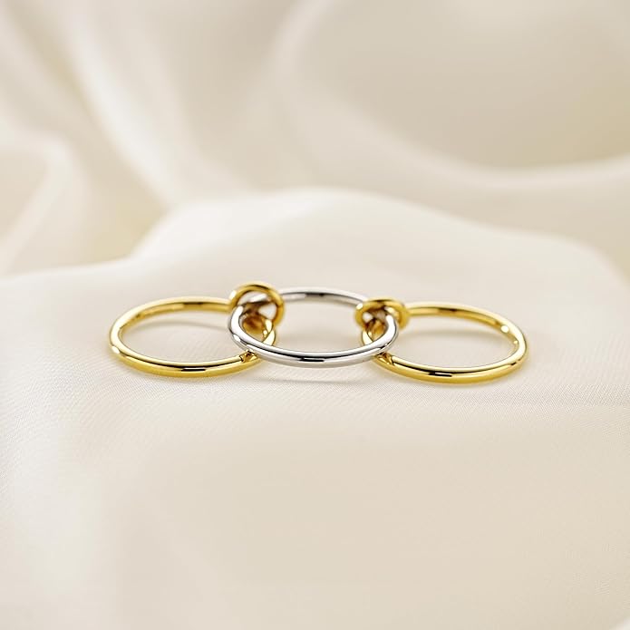 AllenCOCO 14K Gold Plated Stackable Rings, 3 Ring Set with CZ Cubic Zirconia, Gold & Silver Stacked, Interlocking Band for Women Statement