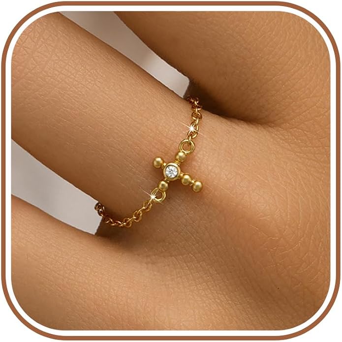 925 Sterling Silver Link Chain Fidget Rings with Dangle Bead Star for Women 14k Gold Plated Adjustable Sparkling Twist Rope Ring Stackable Line Finger Ring Jewelry Christmas Gifts for Mom