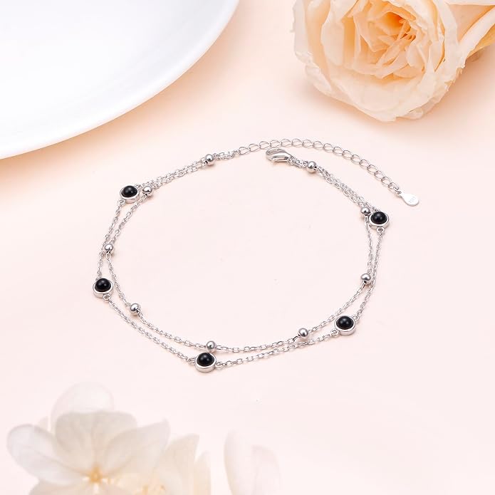 Flyow Anklet for Women S925 Sterling Silver Adjustable Foot Beaded Heart Charm Ankle Bracelet Anklets Jewelry