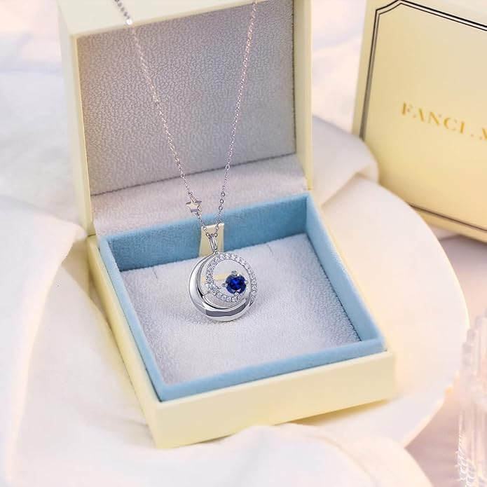 FANCIME Birthstone Necklaces 925 Sterling Silver Moon and Star Pendant Fine Jewelry Birthday Mothers Day Gifts for Mom Wife Her Daughter, Adjustable Chain 16+2"
