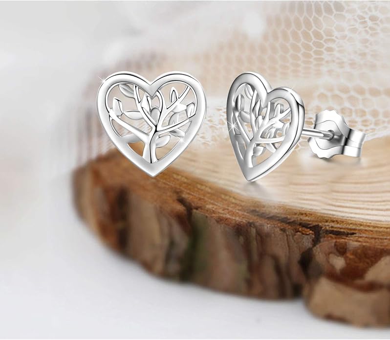 Tree of Life Earrings, 925 Sterling Silver Heart Shaped Studs for Women, Hypoallergenic Earrings for Sensitive Ears Gifts for Women with Gift Box…