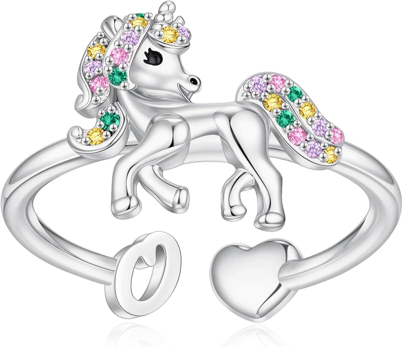 Unicorn Initial Rings for Teen Girls, Rose Gold/White Gold Plated Heart Initial Rings for Girls Adjustable Stackable Rings for Women Diny Heart Ring for Teen Girls Gifts Unicorns Gifts for Girls